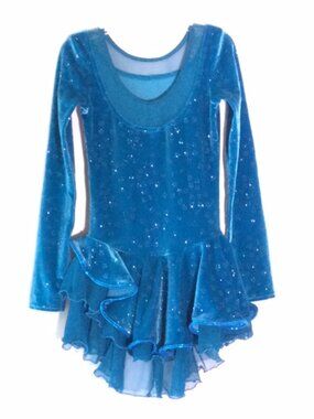 Mondor Dark Blue Glitter Velvet Figure Skating Competition Dress • Long Sleeve